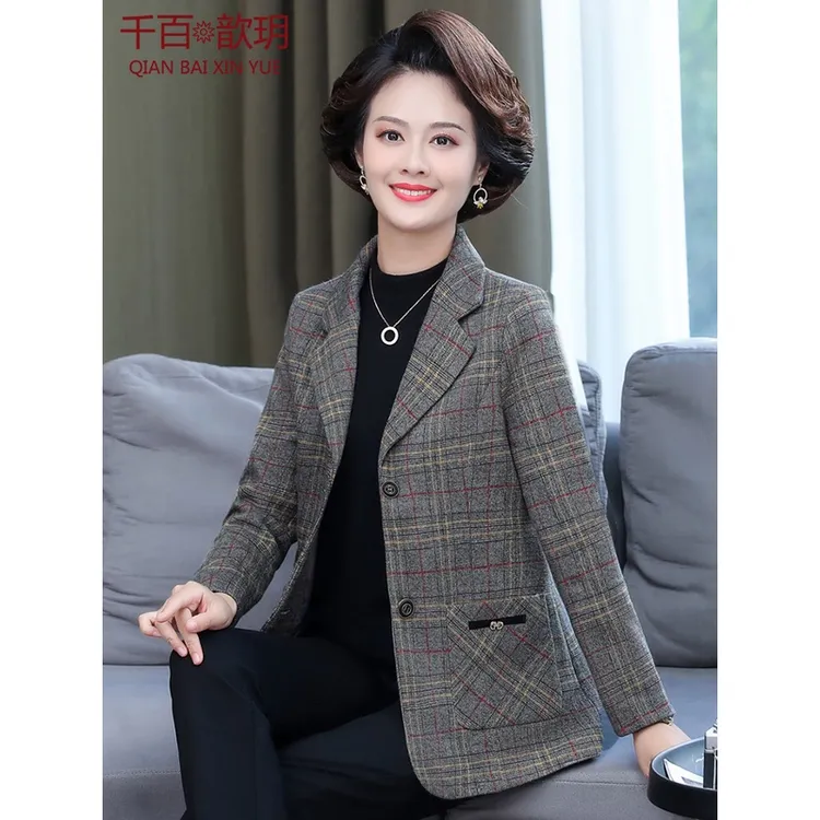 妈妈装春秋格子小西装中年女士洋气外套中老年女秋装上衣50岁时尚
