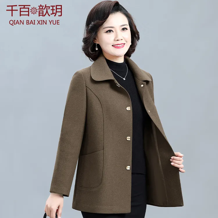 中年妈妈毛呢外套洋气春秋新款中老年女装秋装呢子上衣双面呢大衣