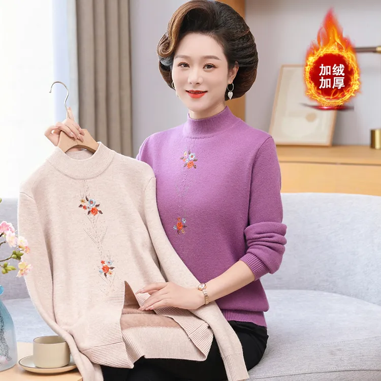 妈妈秋冬季加绒加厚一体绒毛衣洋气2024新款中老年女冬季保暖上衣