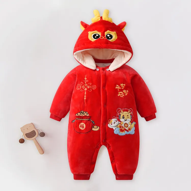 婴儿连体衣保暖秋冬季红色喜庆满月新生婴儿拜年服外出衣服珊瑚绒