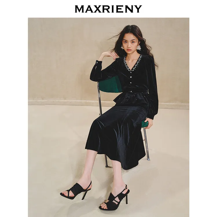 MAXRIENY浪漫复古v领丝绒连衣裙可拆卸腰封小黑裙party小礼裙