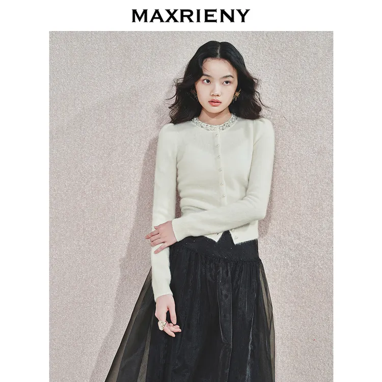 MAXRIENY精致优雅富家千金织带针织外套修身显瘦长袖女小衫