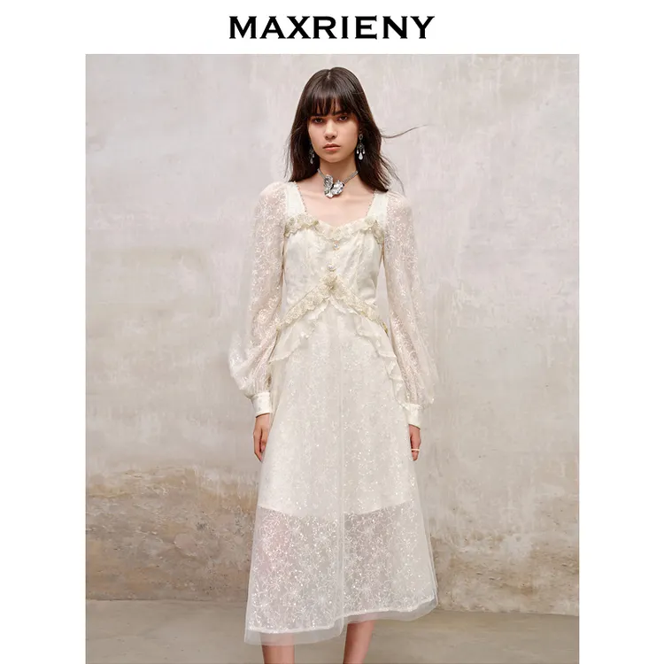 MAXRIENY宫廷复古风荷叶边仙美连衣裙新款长裙订婚小白裙
