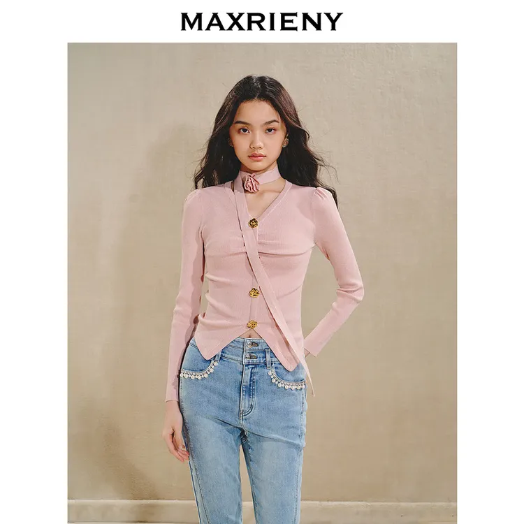 【商场同款】MAXRIENY优雅浪漫感套头针织立体玫瑰颈带毛衫V领