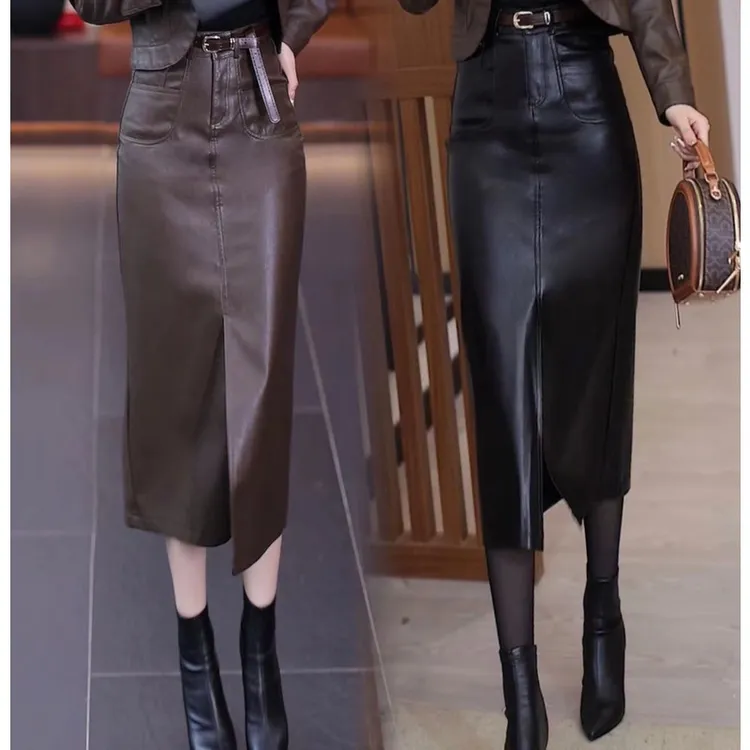 皮裙半身裙女中长款2023秋冬新款高腰过膝a字包臀裙开叉一步长裙