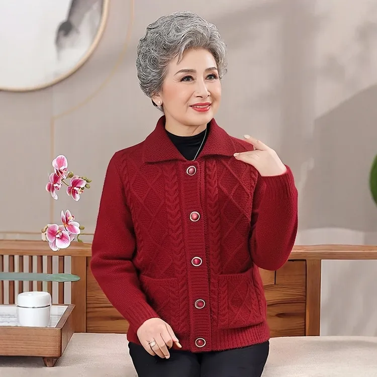 中老年人春秋冬毛衣外套奶奶装加厚翻领妈妈装针织衫开衫加绒毛衣