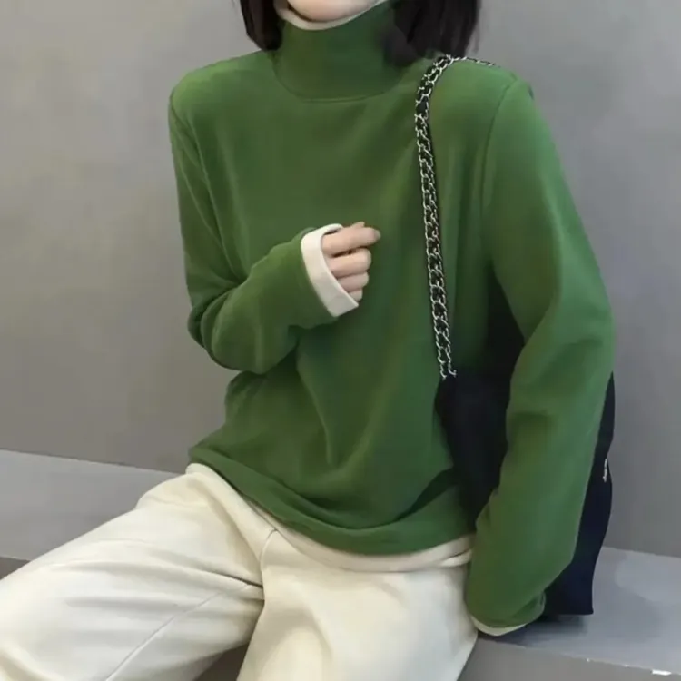 2025秋冬装简约拼接纯色保暖半高领长袖打底衫德绒德绒打底衫女