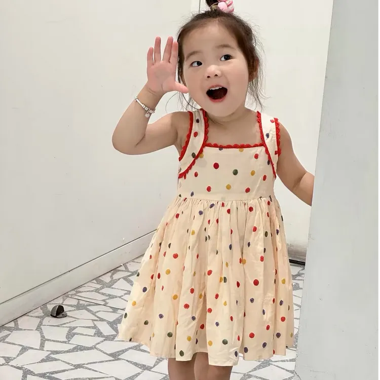 女童彩色圆点吊带连衣裙2024夏季新款韩版女孩宝宝交叉露背公主裙