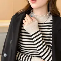 条纹蕾丝针织打底衫长袖半高领网红洋气时尚百搭薄款上衣女潮