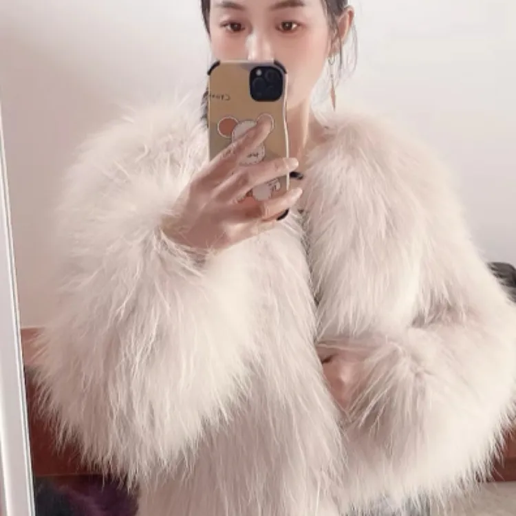 ［雅萱］时尚气质貉子毛外套加厚编织短款百搭女装