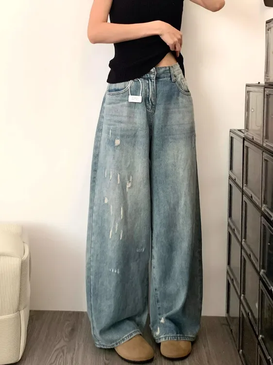 设计感磨破宽松直筒牛仔裤女夏季新款美式高腰显瘦复古蓝垂感裤子