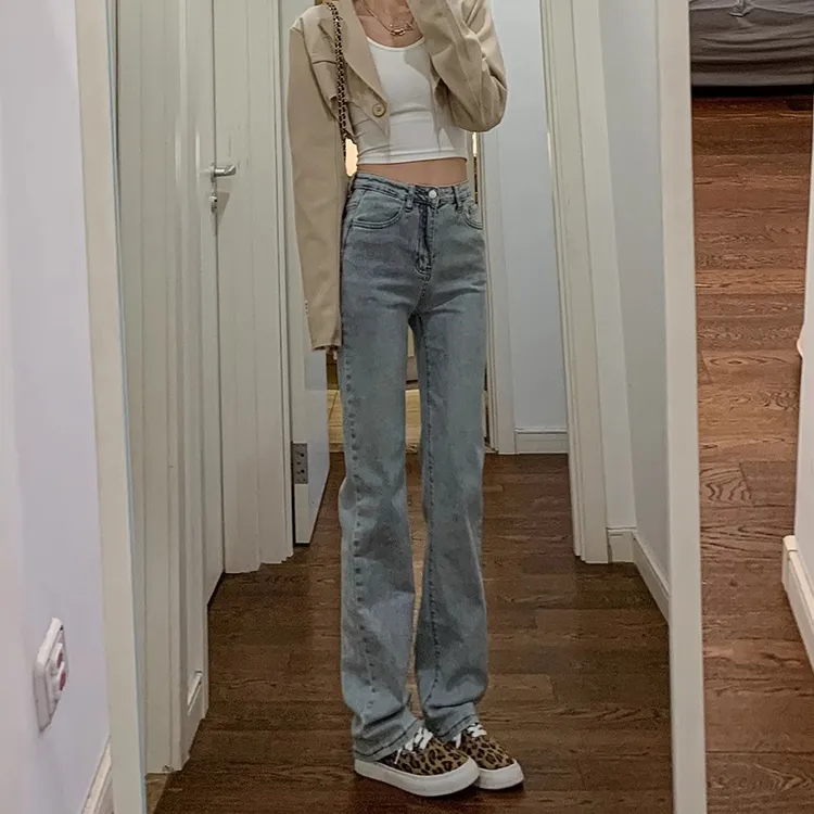 浅色窄版直筒牛仔裤女弹力显瘦高腰2024年新款修身高个子烟管裤子