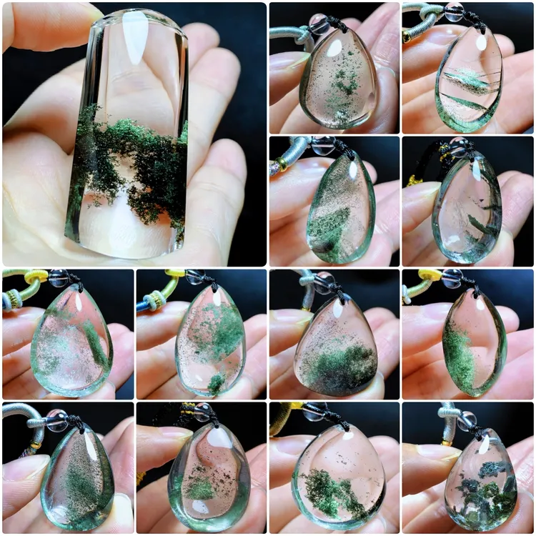 东海水晶天然绿幽灵水晶吊坠通透绿色水晶毛衣链水滴原石时尚项链