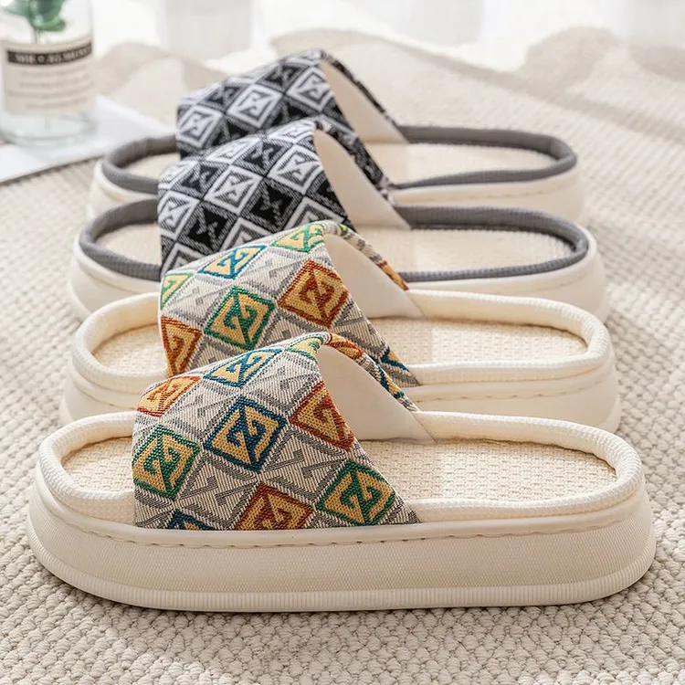 [福利]新款亚麻国风凉爽吸汗平底防滑居家情侣男女厚底亚麻凉拖鞋