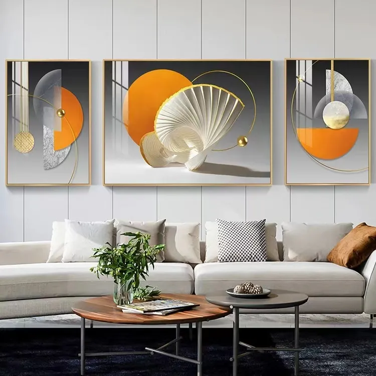 客厅三联画背景墙装饰画轻奢大气晶瓷装饰画