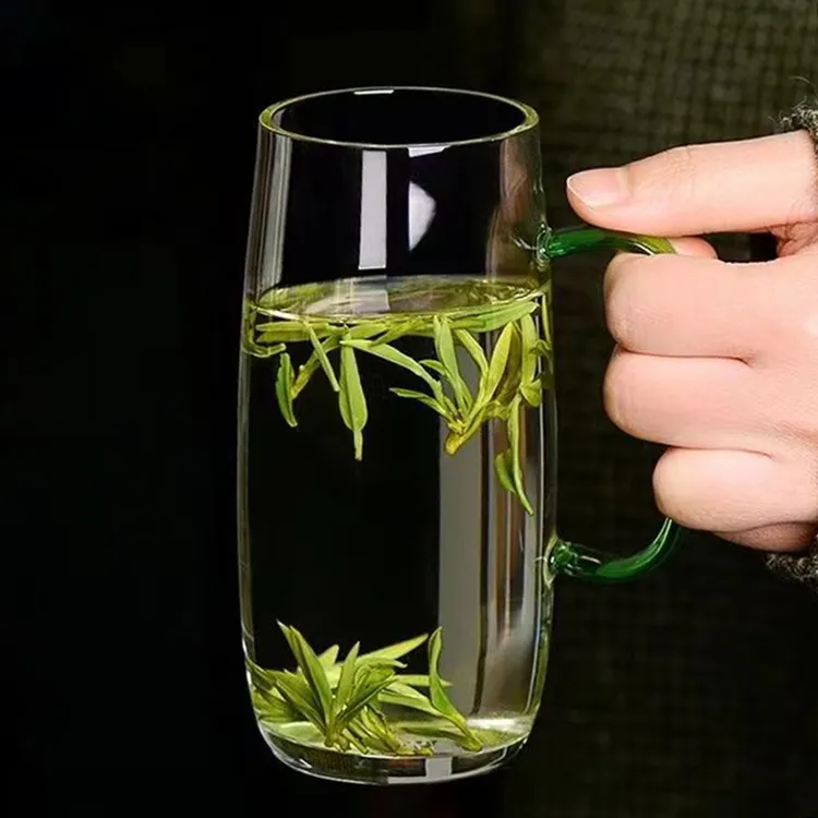 茗言 绿茶杯玻璃杯 透明大容量喝水杯带把泡茶杯高硼硅耐热玻璃杯