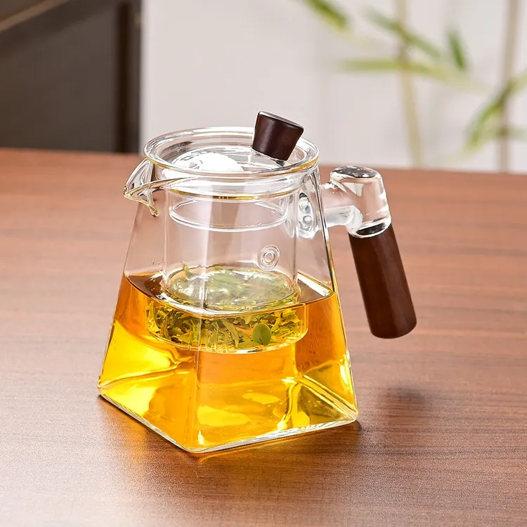 耐热日式四方泡茶壶家用透明过滤煮茶壶创意木把天圆地方茶具花茶