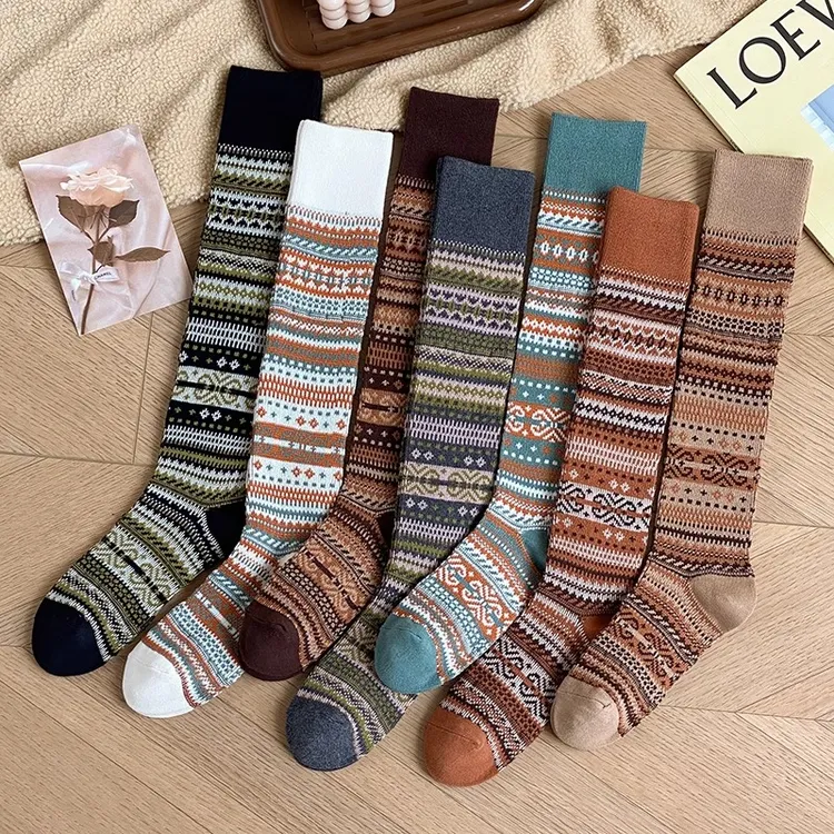 长筒袜子女秋冬季复古民族风双针双路棉线袜冬天保暖小腿及膝袜女