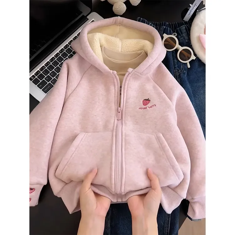 女童加绒外套秋冬款洋气儿童加厚开衫卫衣小女孩冬装连帽保暖上衣