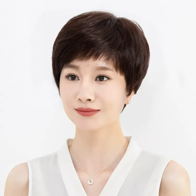 假发女短发真发全真人发中老年女士妈妈款全头套短直发自然假发套