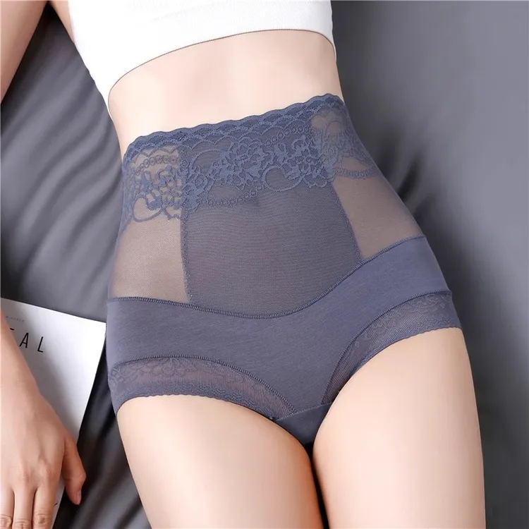 内裤女夏季薄款高腰收腹提臀三角裤提花蕾丝超薄透气三条装内裤
