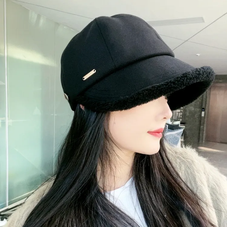 宽檐鸭舌帽子女秋冬保暖加厚加绒显脸小素颜时尚百搭棒球帽韩版