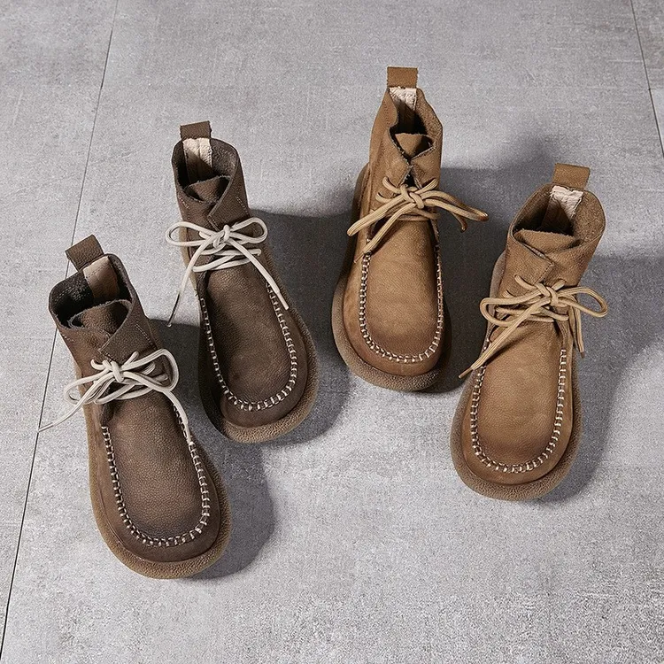 复古马丁靴女2024秋季新款厚底女单靴真皮系带手工牛皮短靴