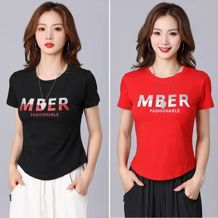 广场舞服装上衣女时尚运动显瘦洋气百搭白色黑色夏季圆领休闲t恤
