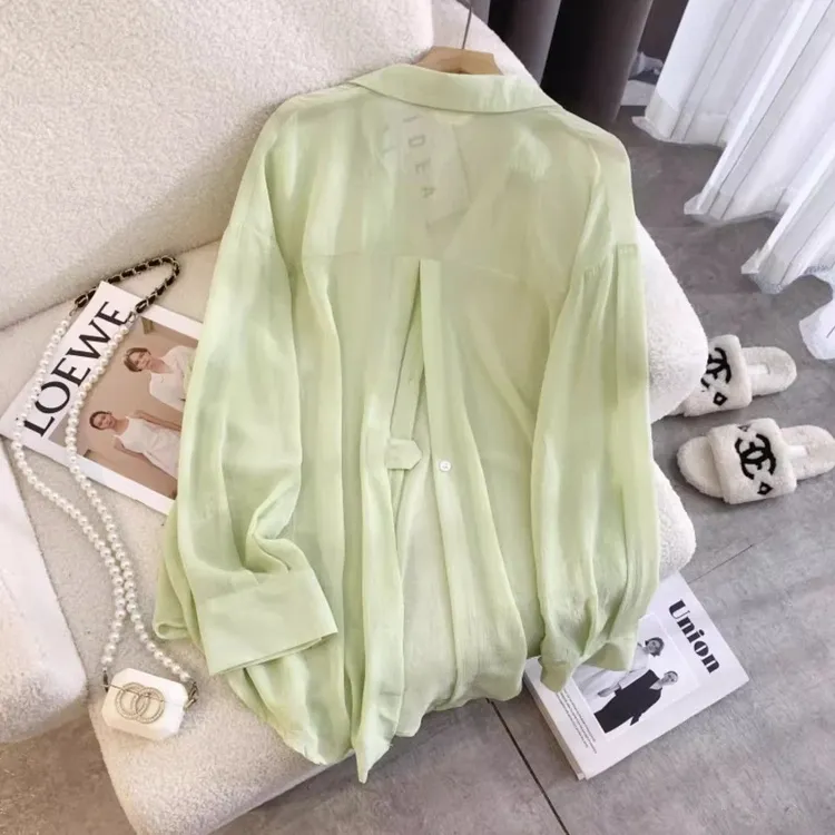 中长款防晒衣衬衫女夏薄款冰丝开衫衬衣夏季外搭雪纺衫女露背上衣