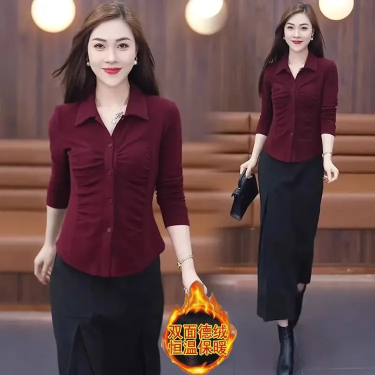 百搭收腰打底衫女T恤秋冬新款设计感长袖衬衫遮肚子修身显瘦上衣