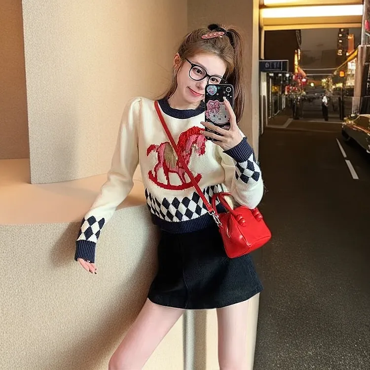 秋冬新款女法式气质撞色修身卡通针织毛衣高腰灯芯绒半身短裙套装