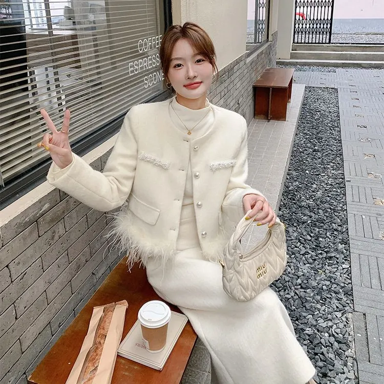 名媛千金白鸭绒内胆小香风外套半身裙两件套高级感长裙秋冬套装女