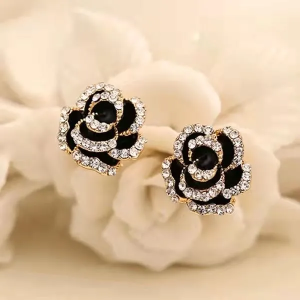 合金合成锆石耳饰 玫瑰花气质时尚山茶花转角玫瑰恋人百搭耳环ins