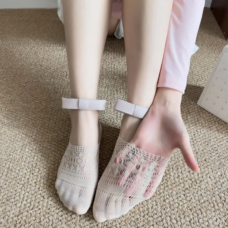 夏季薄款蝴蝶结不掉跟镂空短袜浅口隐形袜船袜女子花边船袜夏D392