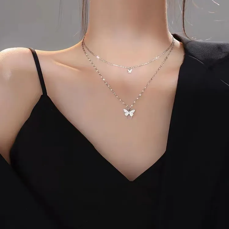 钛钢项链 新款甜美立体双层蝴蝶项链女款潮轻奢小众高级感锁骨链