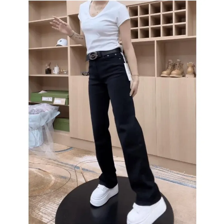 唐芯媛春秋季时尚高腰遮肉牛仔裤女新款宽松显瘦窄版直筒阔腿裤子