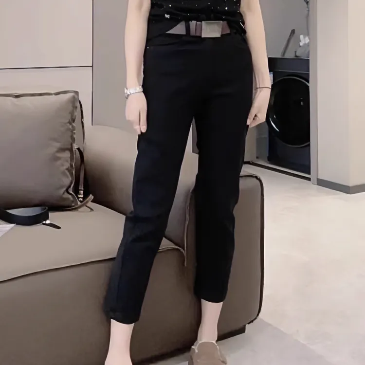 秋冬新款高腰弹力休闲九分牛仔裤胖妹妹mm百搭显瘦九分直筒烟管裤