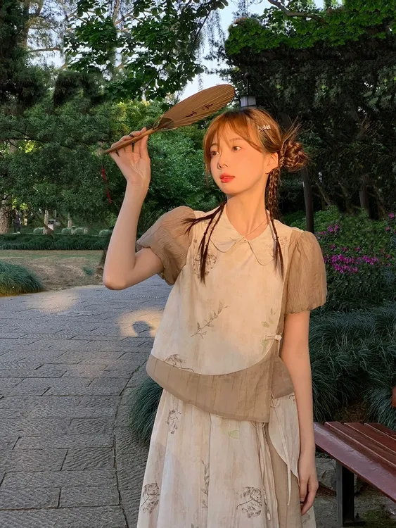 春夏新中式植物印花禅意长袖短袖上衣半身裙国风套装