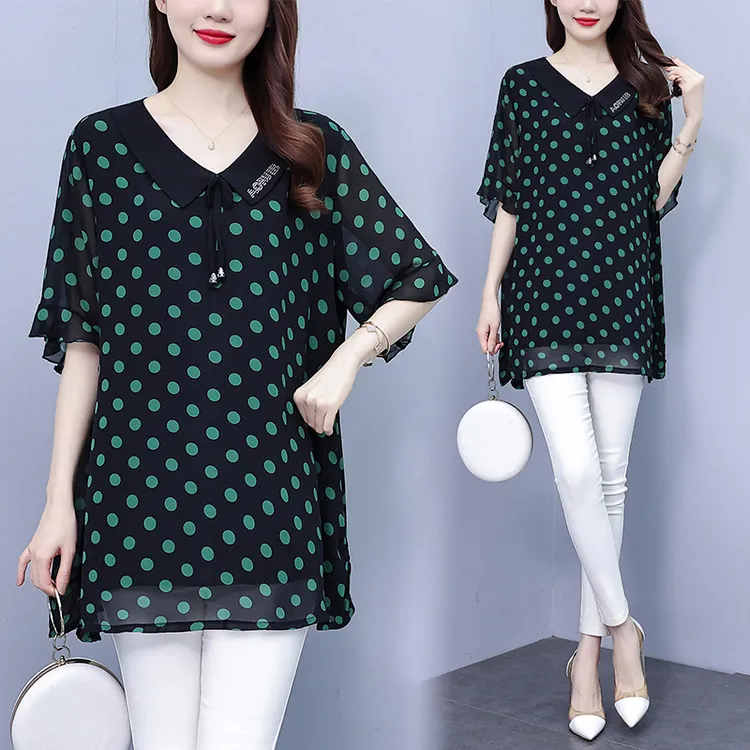 夏季波点短袖t恤新款妈妈装遮肚显瘦大码上衣