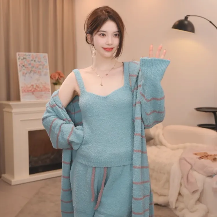 板栗小姐【青黛三件套】新品秋冬软绵绵长袖吊带宽松套装家居服