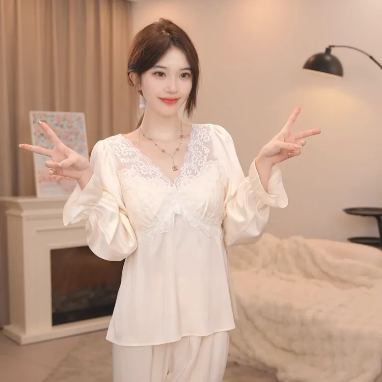 板栗小姐【花嫁两件套A】新款春秋蕾丝甜美风高级家居服套装可外穿