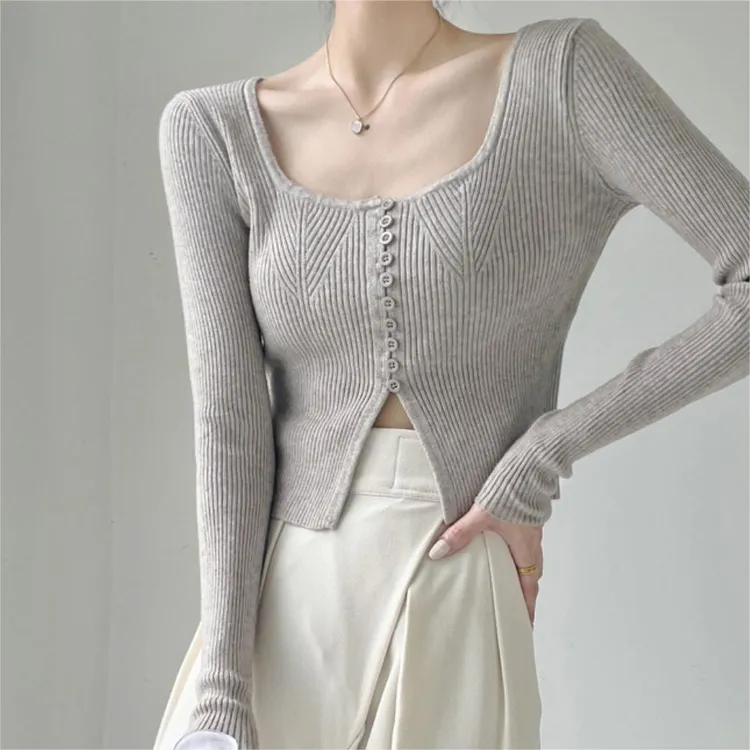 日系复古温柔风短款修身小性感针织衫上衣长袖内搭漏锁骨毛衣女装