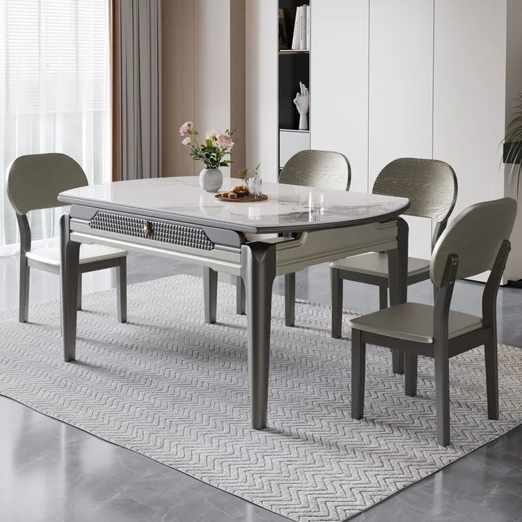 轻奢亮光岩板餐桌椅组合可伸缩折叠饭桌小户型方圆两用实木圆桌子