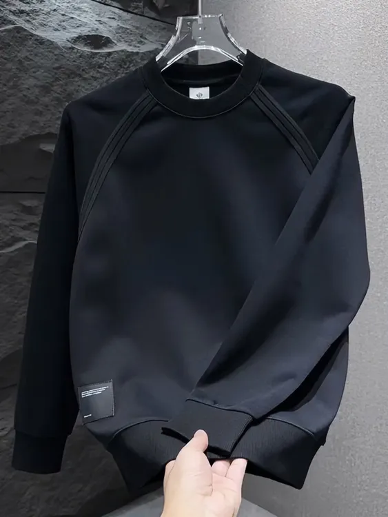 2024秋季男士流行新款简约纯色线条卫衣个性贴布圆领休闲舒适上衣