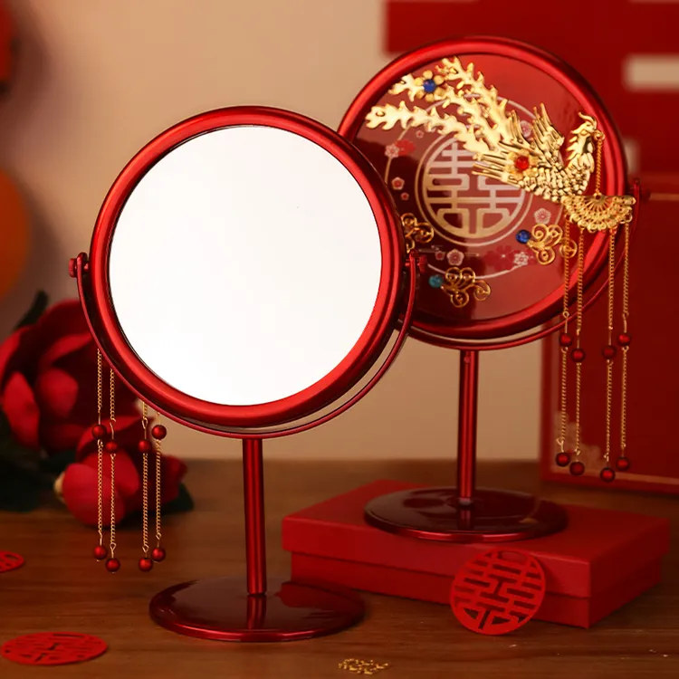 结婚礼镜子一对女方陪嫁用品红色出嫁喜镜新娘梳妆镜备婚物品大全