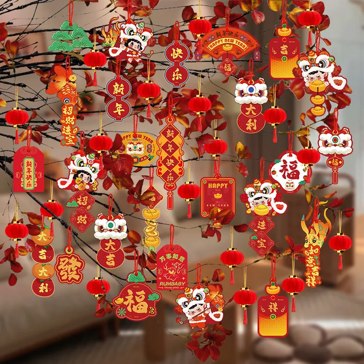 新年装饰品福字挂件2026马年盆景树上绿植卡片小灯笼挂饰春节布置