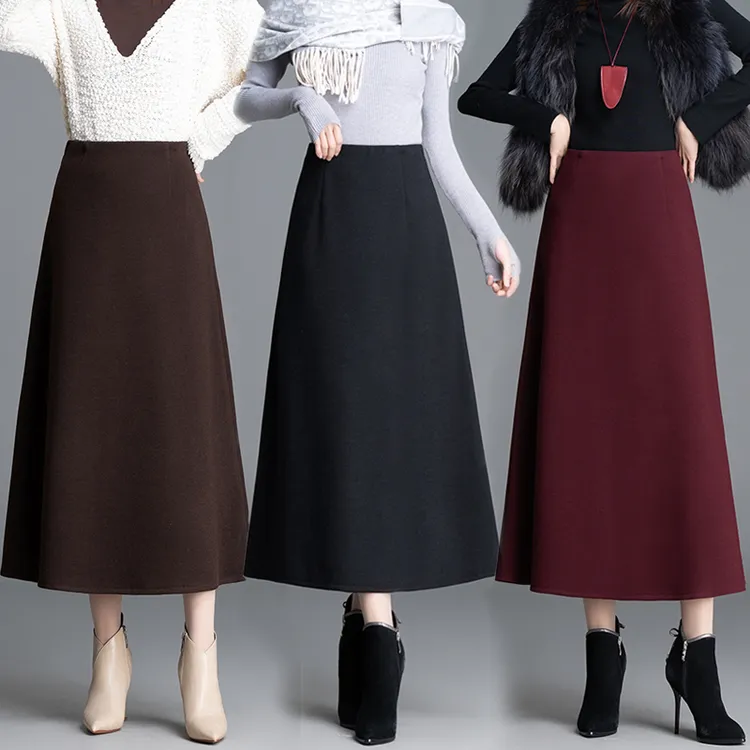 秋冬新款醋酸羊绒半身裙显瘦松紧腰A字裙长裙冬裙休闲裙质感裙子