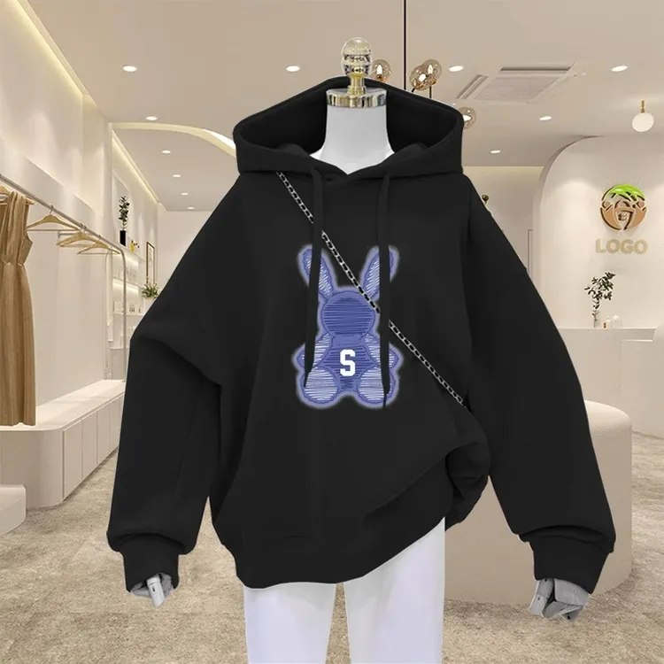 2024秋冬新款韩版宽松连帽卫衣女加绒加厚中长款小个子卡通上衣潮