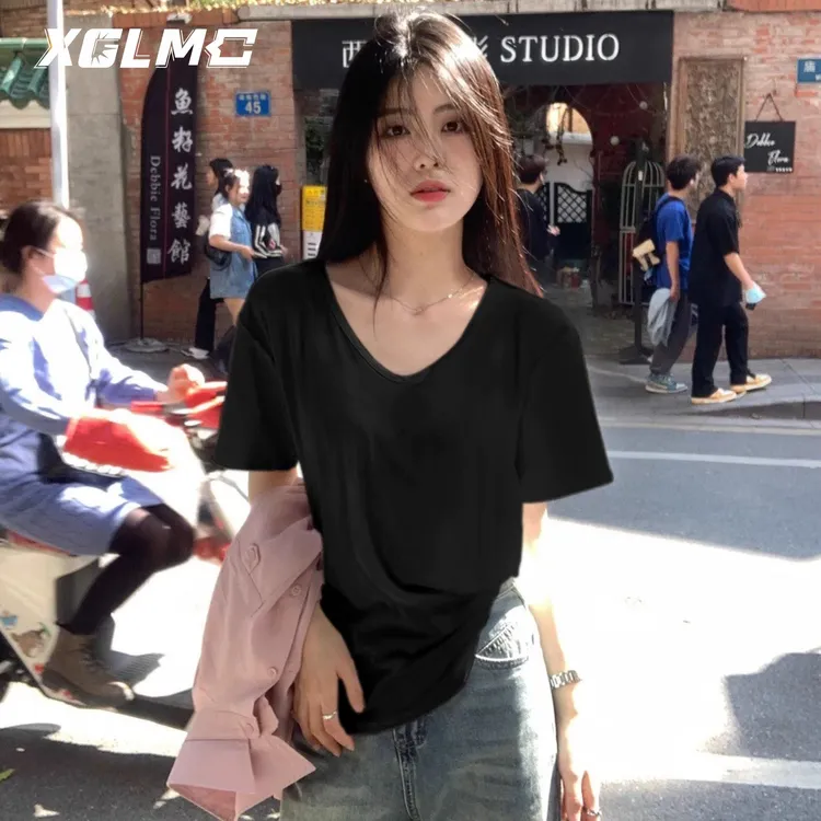 XGLMC白t恤女短袖V领夏季大领口宽松显瘦内搭纯色慵懒上衣精梳棉