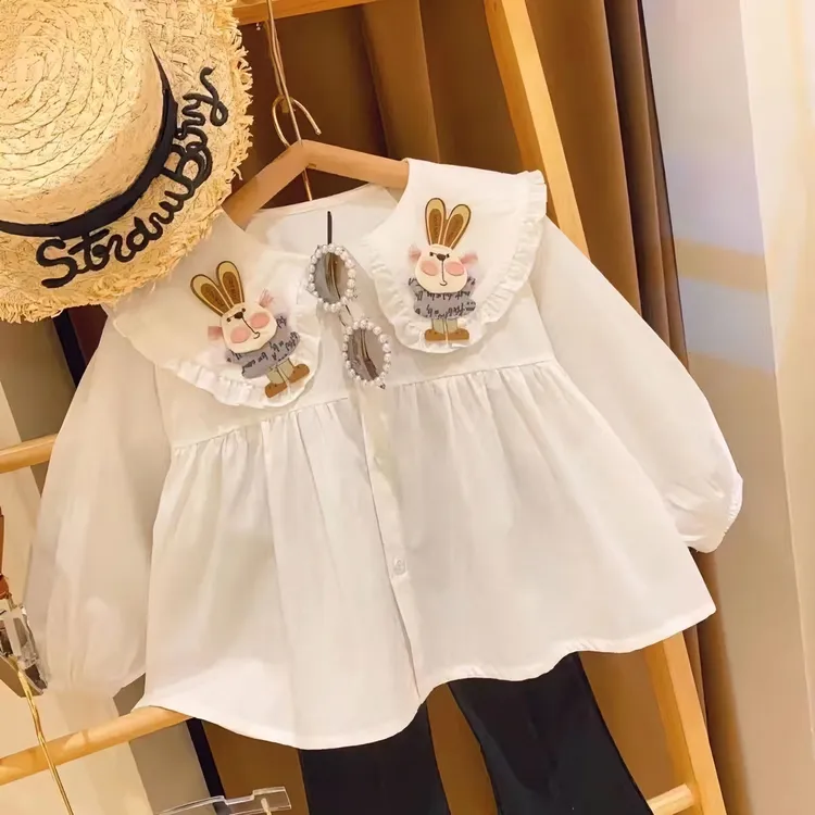 女童娃娃领卡通小兔兔娃娃衫时尚2025百搭上新打底衬衫女童翻领潮